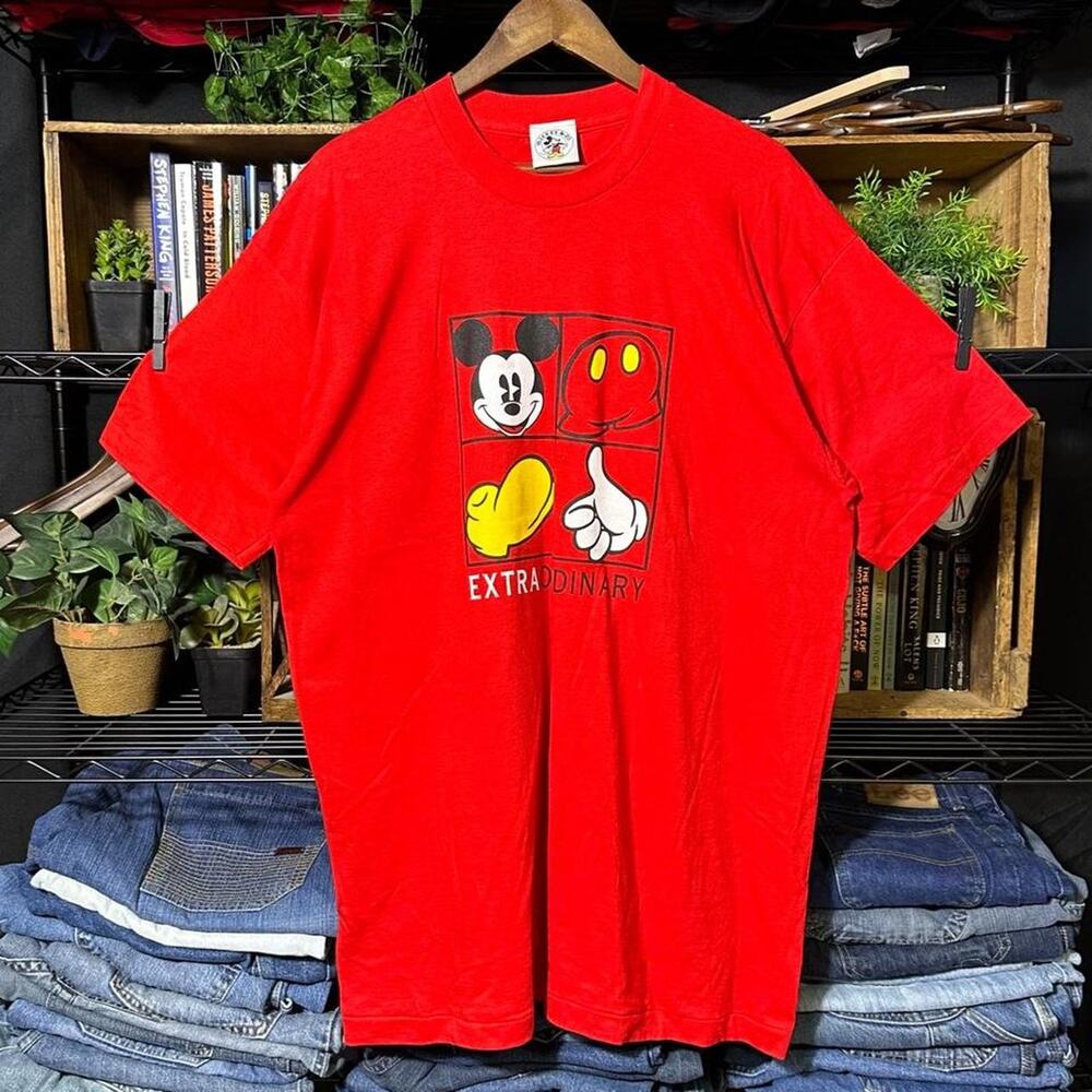 Vintage 90s Disney Mickey Mouse Single Stitch Tee Red Cartoon Shirt Mens XXL
